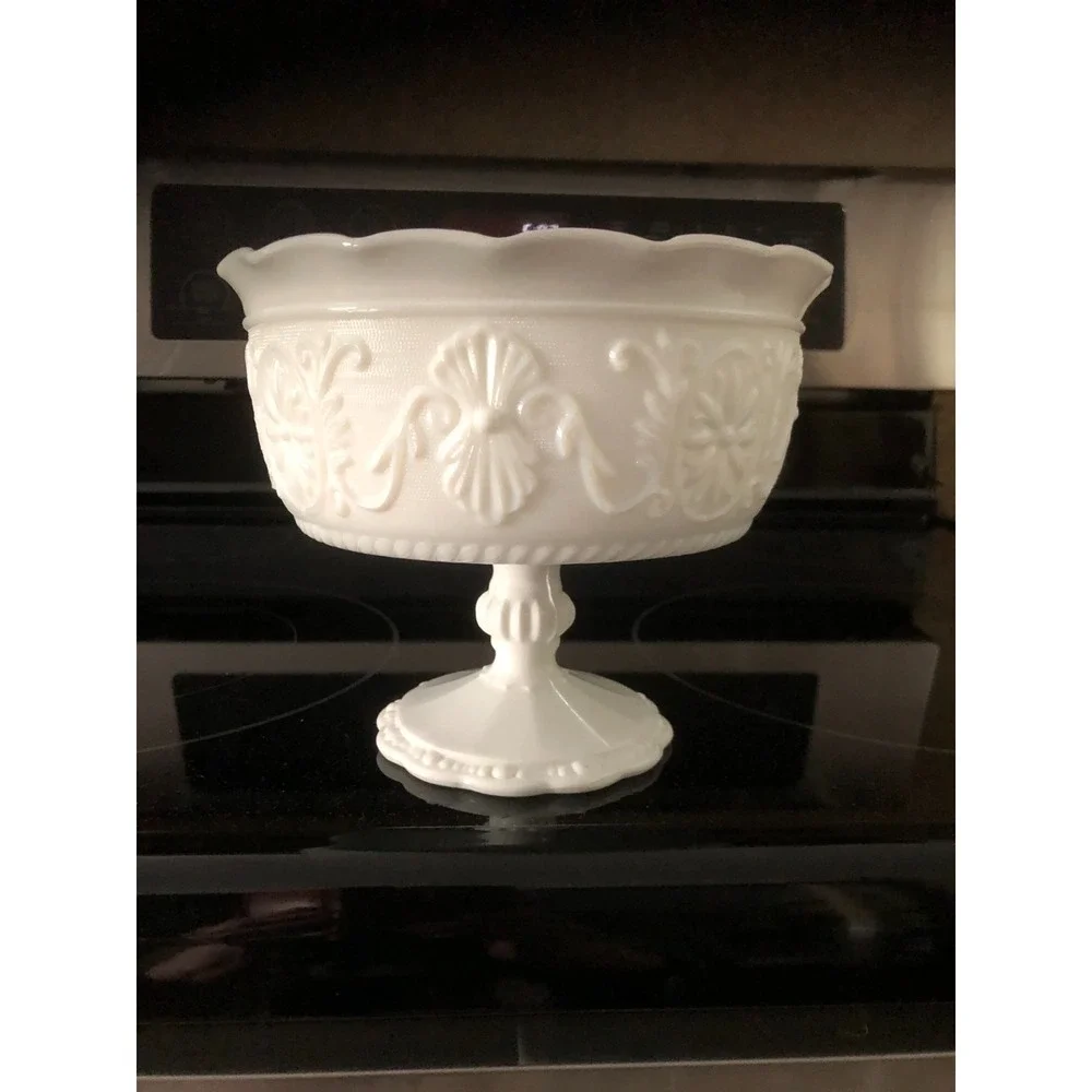 Vintage Milk Glass Pedestal Compote Candy Bowl Scalloped Rim Embossed Floral